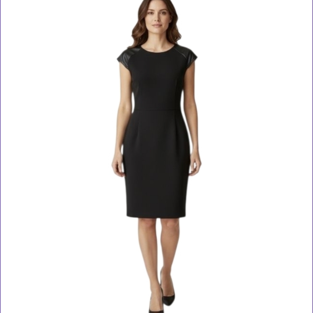Ann Taylor Black Cap Sleeve Midi Dress With Vegan Leather Shoulder Patches